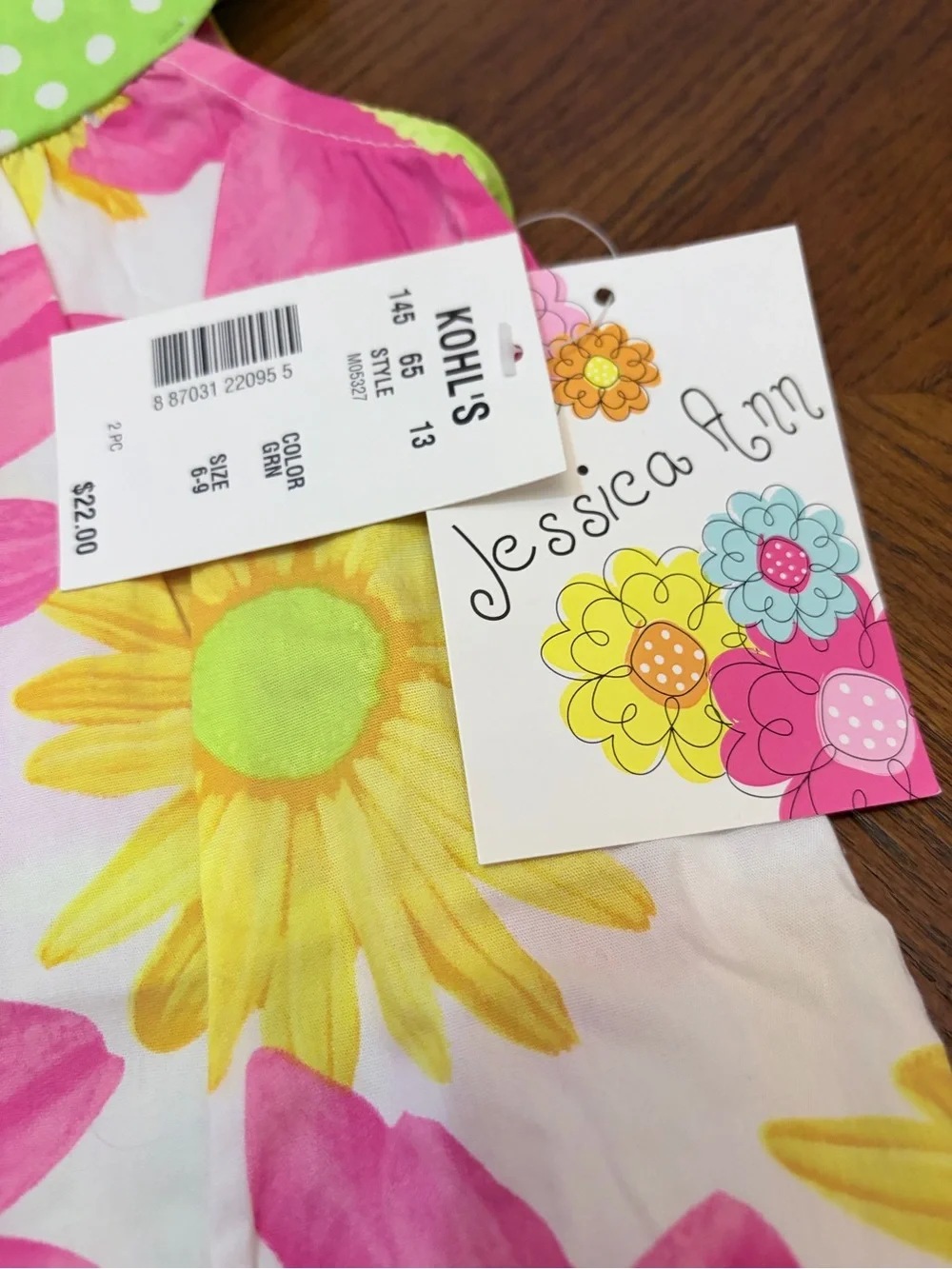 Kohl's Pink, Yellow & Lime Floral Dress with Lime Polka Dot Bloomers